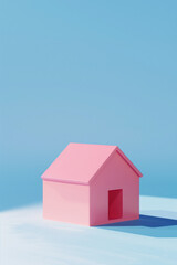 Wall Mural - minimalistic pink house on a blue background, isometric visualization.Minimal creative real estate concept.Top view