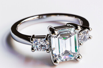 Wall Mural - An engagement ring with an emerald-cut diamond and side stones, resting on a solid white background.