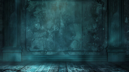 Wall Mural - A dark room with a blue wall and a wooden floor