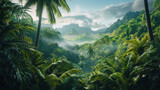 A lush green jungle with a cloudy sky in the background