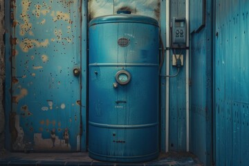 Wall Mural - A blue water heater sitting inside a building