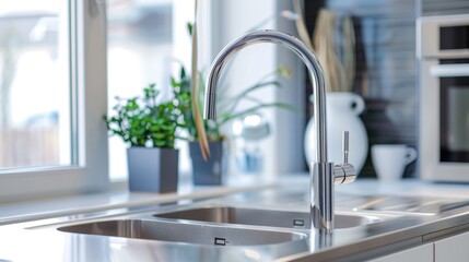 Wall Mural - A kitchen sink with a functional faucet and a small potted plant on top