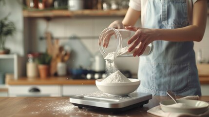 A woman measuring out flour from a scale