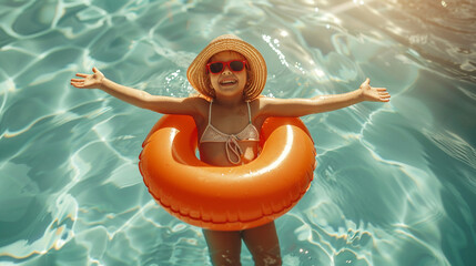 Summer Fun in the Pool. A joyful child in a summer hat and sunglasses floating on an orange ring in pool