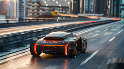 A futuristic car is driving down a highway with a bright orange stripe