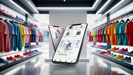 Wall Mural - Online marketplace application and website animation. E-commerce and shopping for clothes products. Marketing, commerce and t-shirt sales home page.