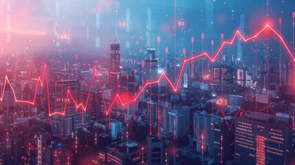 Poster - A photo of a cityscape with a graphical representation of growth or progress, often used in business or finance contexts