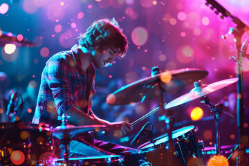 Wall Mural - A man playing drums in a club with bright lights and colorful lights