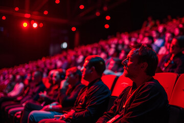 A man sits in a dark theater with a crowd of people around him