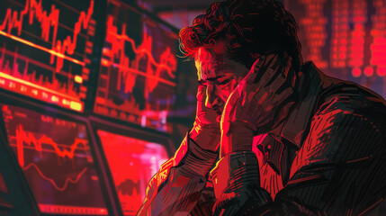 Wall Mural - A man is sitting in front of a computer screen with a red background