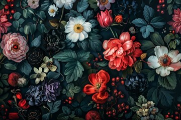 Canvas Print - Digital illustration showcasing a rich variety of flowers and leaves with a moody vibe