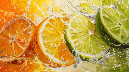 Canvas Print - Juice splash lemon, orange, lime set. Citrus splashig fresh collection realistic vector. 