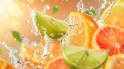 Wall Mural - Juice splash lemon, orange, lime set. Citrus splashig fresh collection realistic vector.