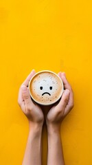 Woman holding coffee cup with sad face drawing on yellow background