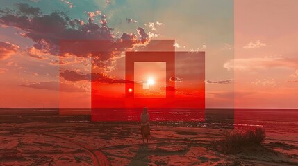 Wall Mural -   A man stands atop a sandy seashore alongside two squares - one red and one blue - as the sun dips below the horizon, casting a picturesque sky