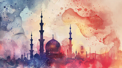 Wall Mural - Eid mubarak islamic background with brush and watercolor