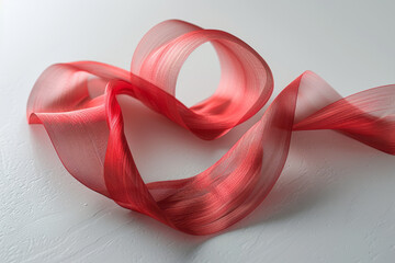Simple image of a red ribbon creating a spiral shape, set on a smooth white surface,