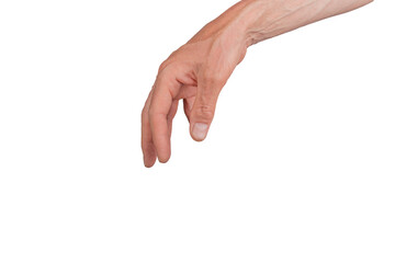 Hand gesture hanging fingers isolated arm dangling. Sign reaching skin side expression stretching. Person man blank space communication action background. Catch invisible, transparent cutout PNG