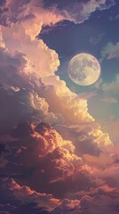 Wall Mural - full moon shining through romantic pink and purple clouds at sunset