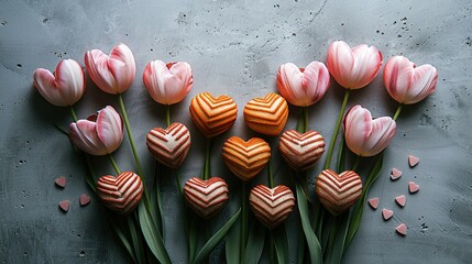 Sticker -  A heart-shaped candy array atop a table, adjacent to pink tulips and hearts