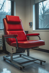 Poster - Simple image of a blood donation chair in a minimalist room,