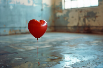 Poster - Simple image of a red heart-shaped balloon floating in a minimalist room,
