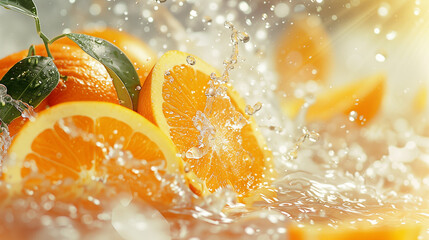 Wall Mural - Orange with leaves and splashes of water on a monochrome background