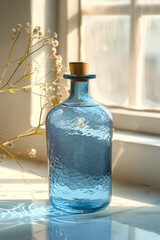 Fototapete - Elegant shot of a cyan-colored glass bottle on a clean white table,