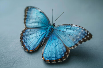 Leinwandbilder - Simple photo of a cyan butterfly perched on a plain grey background,