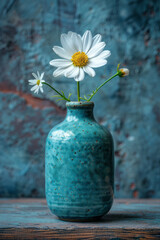 Poster - Elegant shot of a cyan ceramic vase with a single white flower,