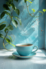 Poster - Simple image of a cyan-colored tea cup on a minimalist white table,