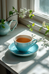 Leinwandbilder - Simple image of a cyan-colored tea cup on a minimalist white table,
