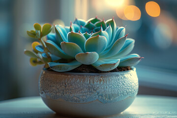 Poster - Simple photo of a cyan-hued succulent plant in a white pot,