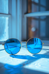 Aufkleber - Simple photo of cyan sunglasses on a clean white surface,