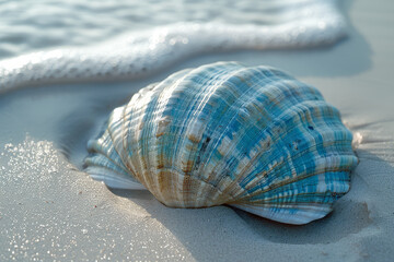 Leinwandbilder - Simple image of a cyan shell resting on a light grey sandy beach,