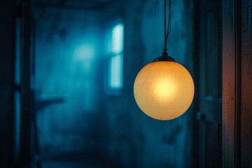 Wall Mural - Minimalist aesthetic of a cyan light bulb glowing softly in a dark room,