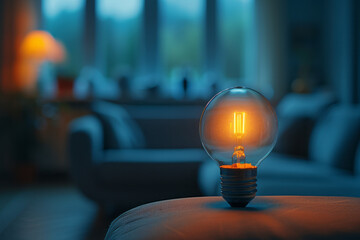 Poster - Minimalist aesthetic of a cyan light bulb glowing softly in a dark room,