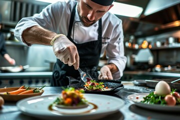 Gourmet Dish Preparation by Chef, Close-Up of Hands Crafting Culinary Delicacies in Busy Kitchen