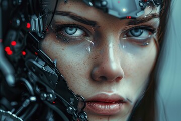 Poster - Closeup of a cybernetic woman with detailed robotic features and a piercing stare