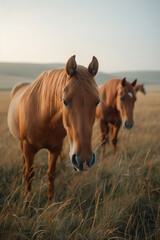 Poster - Minimalist depiction of Romani horses grazing in a serene, open field,
