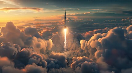 a spacex rocket is seen launching into the sky above a layer of clouds, showcasing a powerful and dy