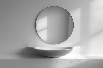 Poster - Minimalist image of a curved mirror reflecting a distorted but elegant silhouette, set against a plain white wall,