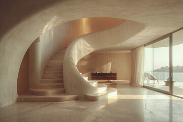 Aufkleber - Minimalist shot of a modern, curved mirror reflecting a distorted image in a minimalist home,