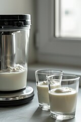 A blender filled with milk and two glasses nearby, ready for a refreshing drink