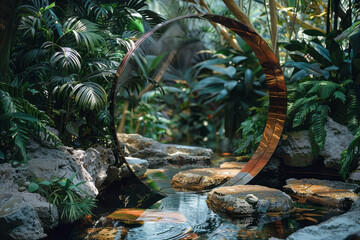 Aufkleber - Simple photo of a warped mirror placed in a minimalist garden, reflecting nature's curves.