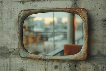 Aufkleber - Elegant shot of a vintage warped mirror reflecting a modern, minimalist interior,