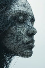 Fototapete - Elegant photo of a string art portrait, with intricate black threads on a clean background,