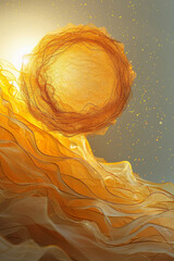 Aufkleber - Minimalist aesthetic of a string art sun, with yellow and orange threads creating a radiant design,