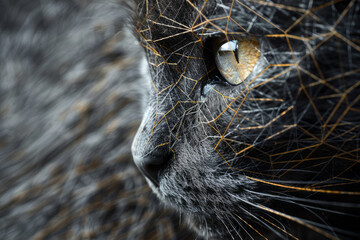 Fototapete - Minimalist shot of a string art cat, with grey and black threads on a clean wooden panel,