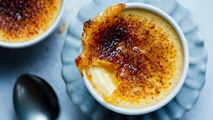 Poster - A close up of a bowl with creme brulee dessert in it, AI